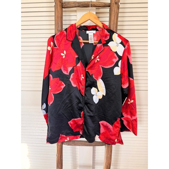 Natori Floral Print Button Down Long Sleeve Top Blouse/PJ top Red Black Size S - Picture 1 of 3